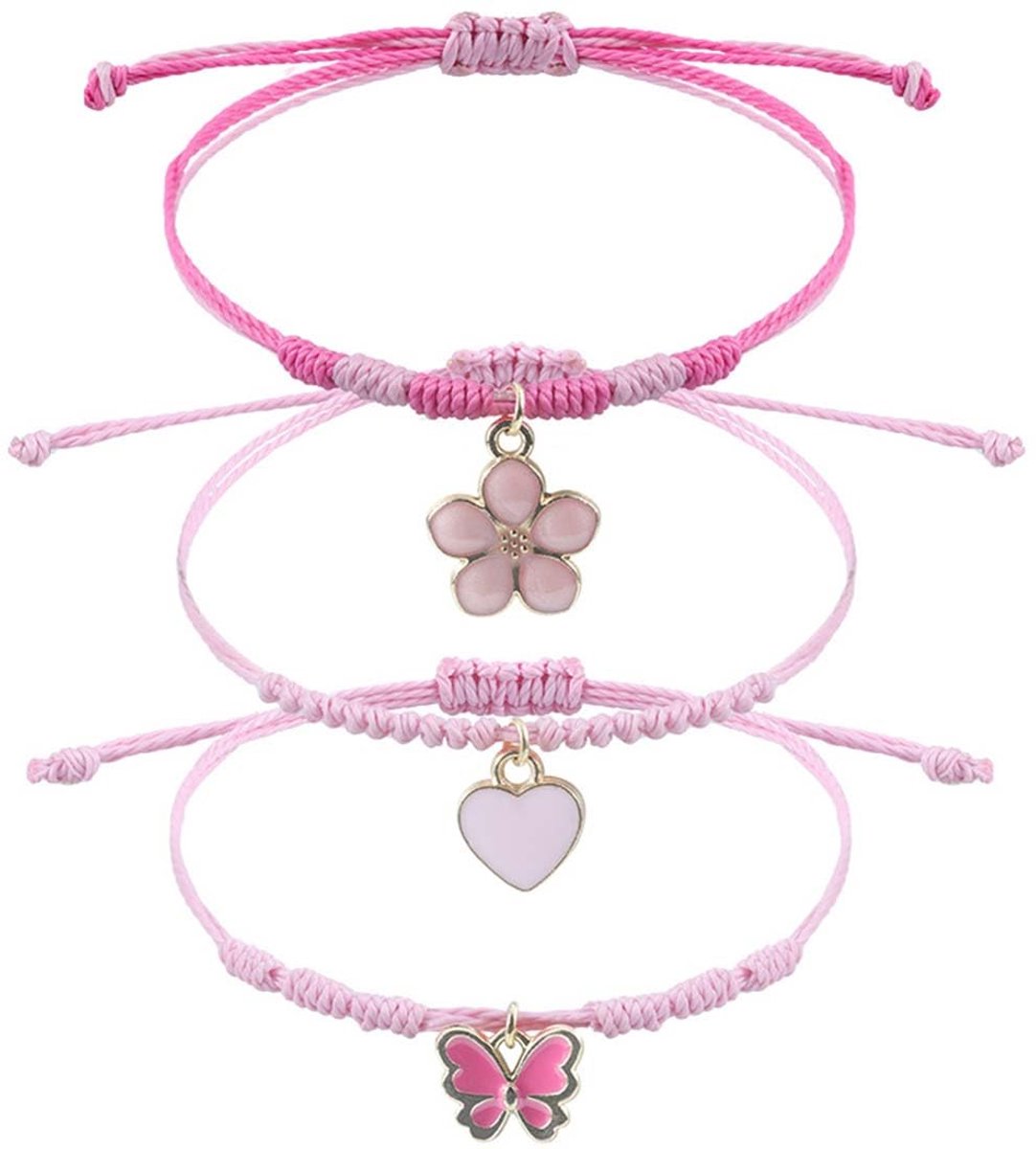 3 x Vriendschapsarmbanden voor Meisjes - Verstelbare Strik met Vlinders, Harten en Bloemen - Faux Leer en Zinklegering