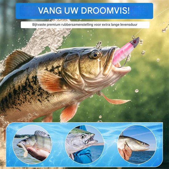 Ynkkvre-Rubberen Vissen Set – 5 Stuks Kunstmatige Aas met Jigkop – Rubber Aas voor Forel, Snoekbaars, Baars – Zoet- en Zoutwater – Vissen Hengelsport Cadeau — afbeelding 4