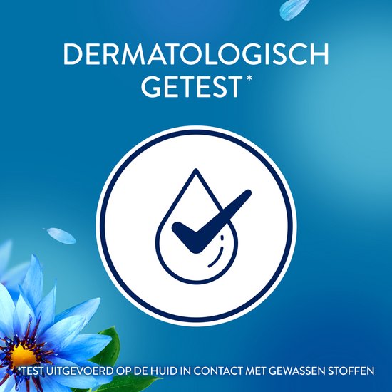 Testé dermatologiquement avec une goutte et une coche. Fleur bleue en arrière-plan.