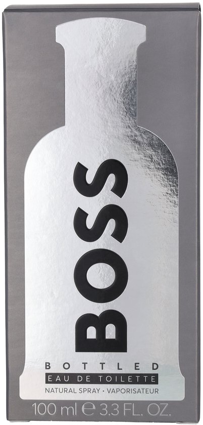 Een kartonnen verpakking van BOSS Bottled met een fleslogo en de tekst "100 ml e 3.3 FL. OZ."
