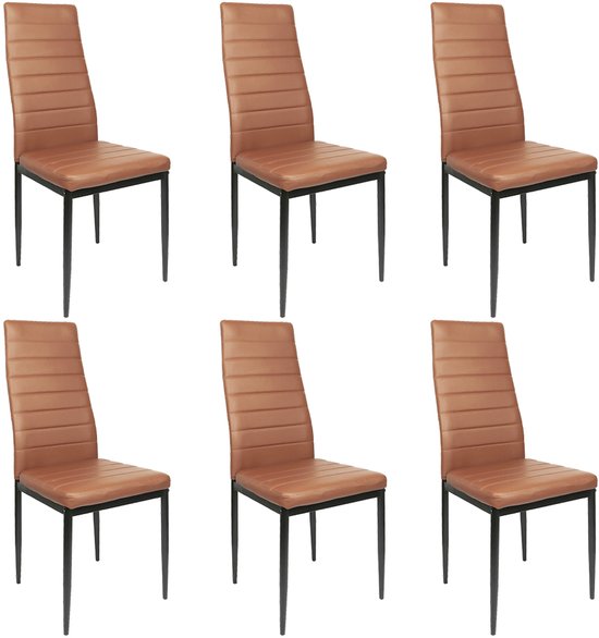 Six chaises de salle à manger marron avec pieds en métal noir, disposées en grille 2x3.