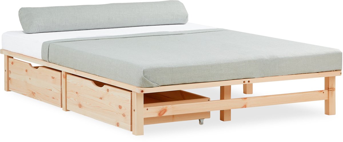 Homestyle4u Tweepersoonsbed - 140x200 cm - Palletbed - met 2 bedbakken en lattenbodem - Natuur