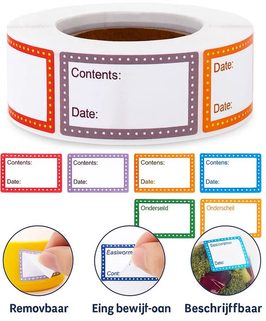 Een rol met etiketten in 8 kleuren. Close-ups tonen het verwijderen, beschrijven ('Eelworm', 'Onderseil') en opplakken van etiketten op diverse producten.