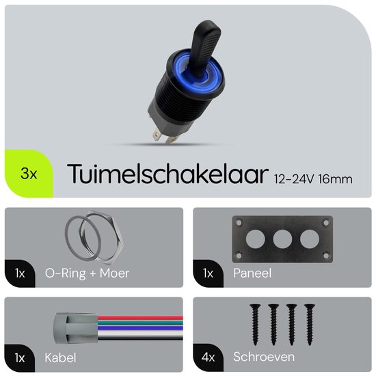 Interrupteur à bascule métallique ProRide 12-24 V, marche/arrêt, triple panneau encastré, 16 mm, voyant LED Blauw