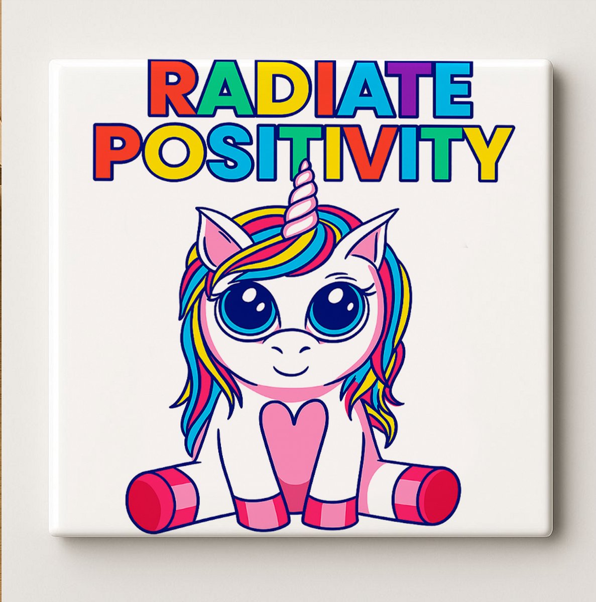 Nevolis Schattige Eenhoorn Tegel met "Radiate Positivity" Citaat – 15x15cm Kleurrijke Inspirerende Keramische Muurdecoratie Multi Color