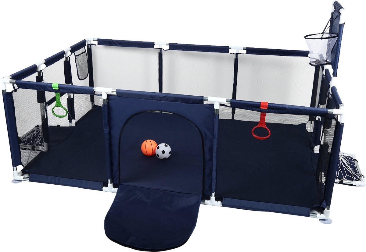 PIPIPOXER-Grondbox - Baby Speelbox met voetbal en basketbal - Antislip bodem -180*120 cm-Marineblauw