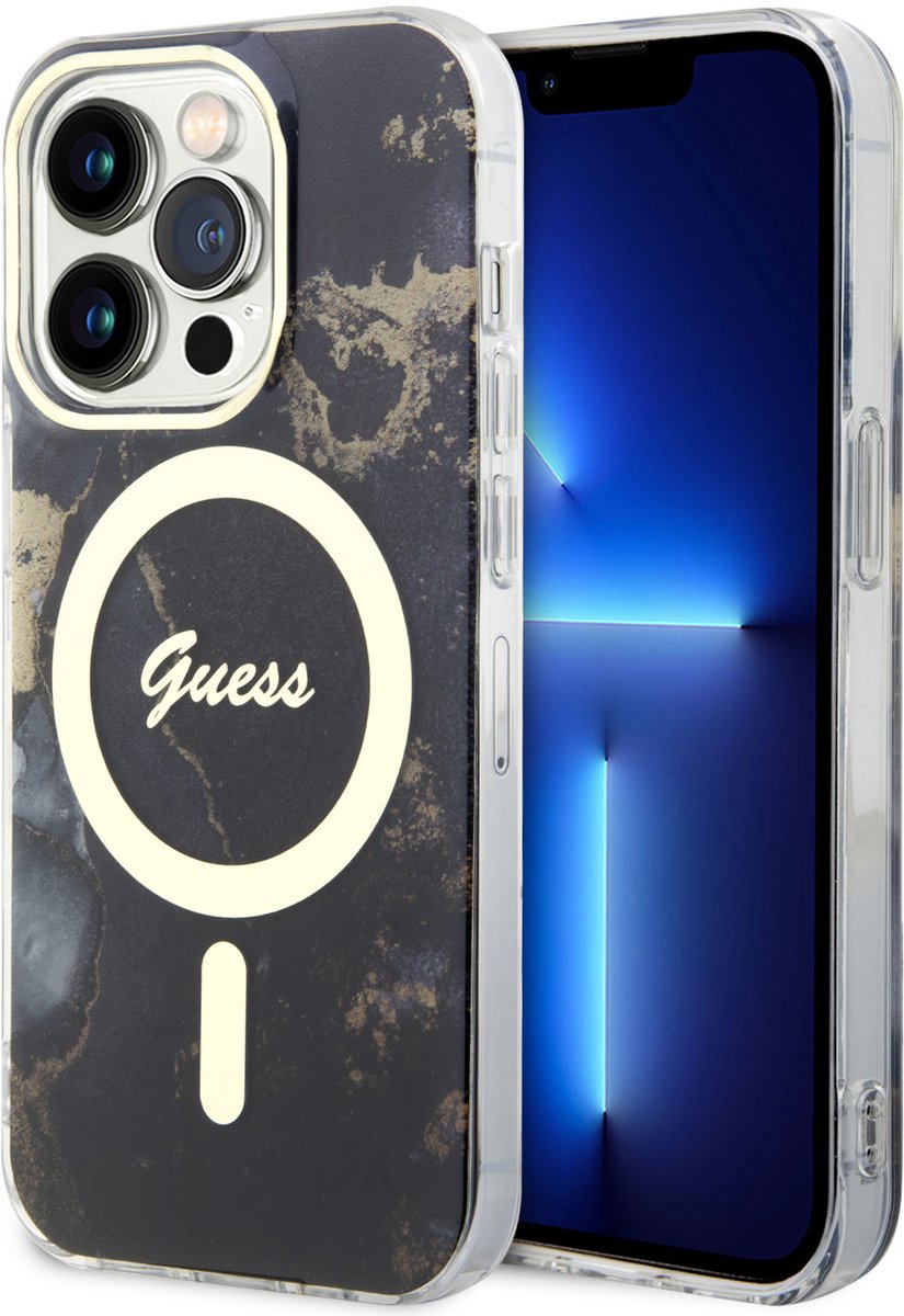 Guess Back Cover - Marble voor iPhone 15 Pro - MagSafe - Stootrand - Zwart