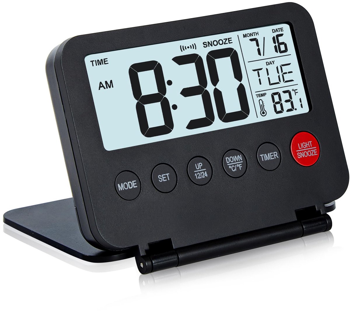 Ynkkvre - Kleine Digitale Reiswekker - Grote LCD Display met Datum & Temperatuur - Snoozefunctie & 8 Sec Achtergrondverlichting - AAA Batterij Aangedreven Bureauklok voor Thuis & Kantoor - Zwart