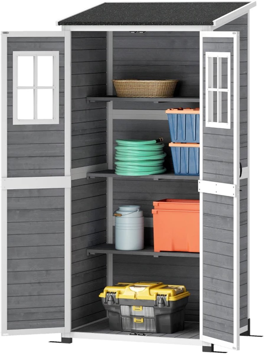 Houten Tuinschuur - 91x69x192 cm - Tuinhuis - Tuinkast - met Planken, asfalt dak & 2 ramen - Gereedschapsschuur - Opslagruimte Tuin - Tuingereedschap Bewaren - Weerbestendig - Lichtgrijs