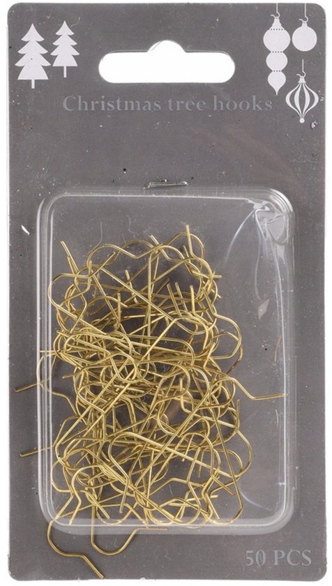 Emballage de 50 crochets dorés pour sapin de Noël, 3,5 cm. Texte : 'Christmas tree hooks'.