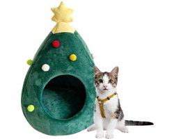 Winterkerstkattenbed - Kerstboom kattenbedhuis - Warm vakantiebed voor huisdieren - Draagbaar binnenkattenbed Kerstbedgrot - 48x40x40cm - Geschikt voor kleine en middelgrote katten- en hondenhuishoudens, feestlocaties en winterdecoraties - Groen