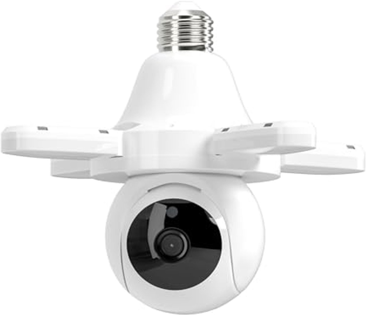 SWHC 3MP bewakingscamera voor binnen en buiten, 355° PTZ dome, 2,4 GHz WLAN-camera buiten, nachtzicht tot 15 m, 2-weg audio, bewegingsdetectie, past op E26/E27-fitting