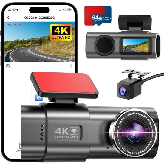 SNJY® Dashcam voor Auto - Auto Camera - Dashcam Voor en Achter - 4K - Zwart - 64 GB