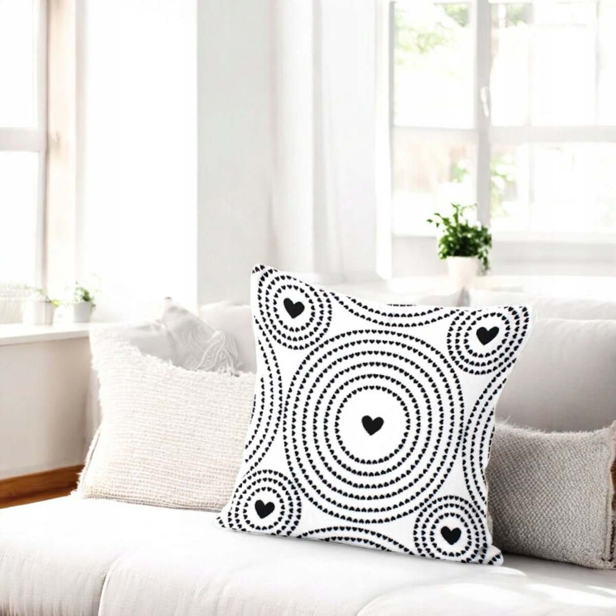 Decoratieve Kussenhoes 40x40cm - Zwart Wit Hartjes Geometrie