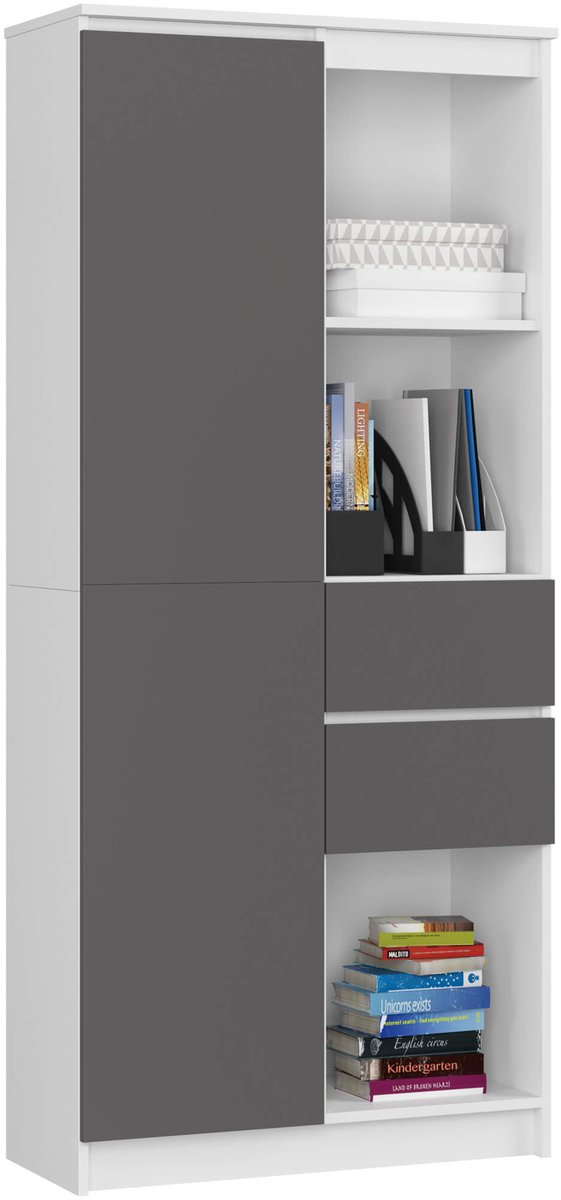 Kantoorkast R15 R80 met 2 Lades en 1 Deur / AKORD Furniture Factory / Wit - Grafietgrijs / 80 x 180 x 35 cm