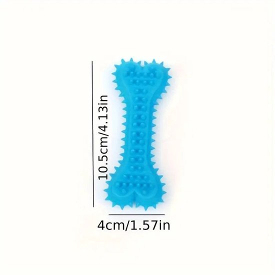 Blauw botvormig kauwspeeltje met nopjes en stekels, met afmetingen.