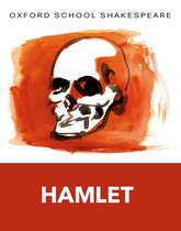 Boekcover van Hamlet met een waterverfillustratie van een schedel op een oranje achtergrond. De titel 'HAMLET' staat onderaan in witte letters.
