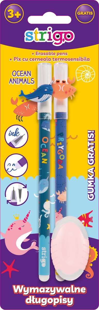Uitwisbare Blauwe Pennen Set STRIGO Animals 2 stuks + Gum
