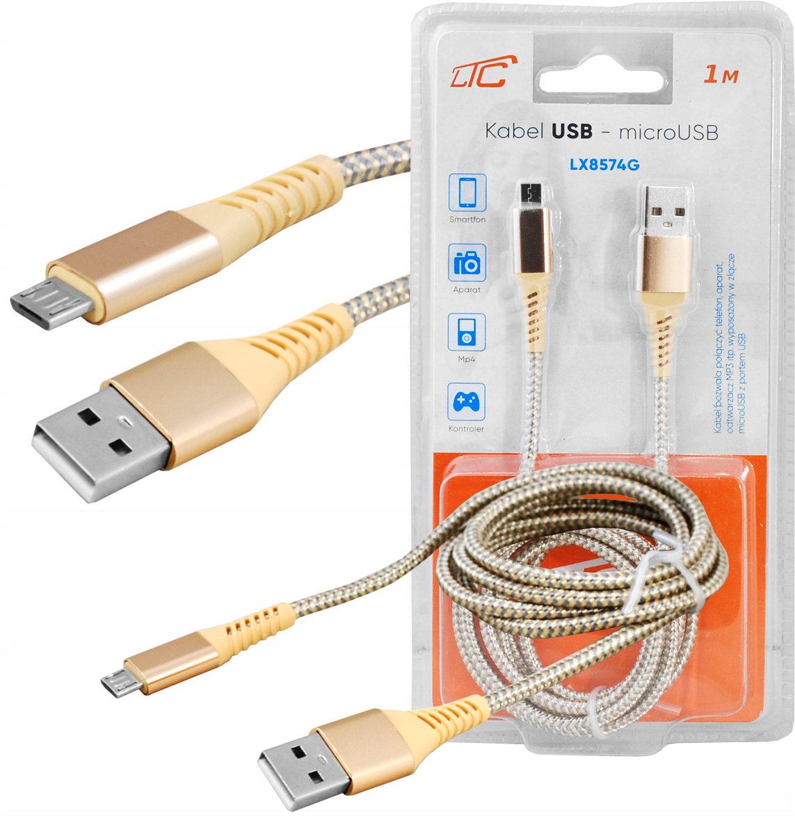 LTC USB-A naar MicroUSB Kabel 1m - Goud - Verstevigd - Snel Laden