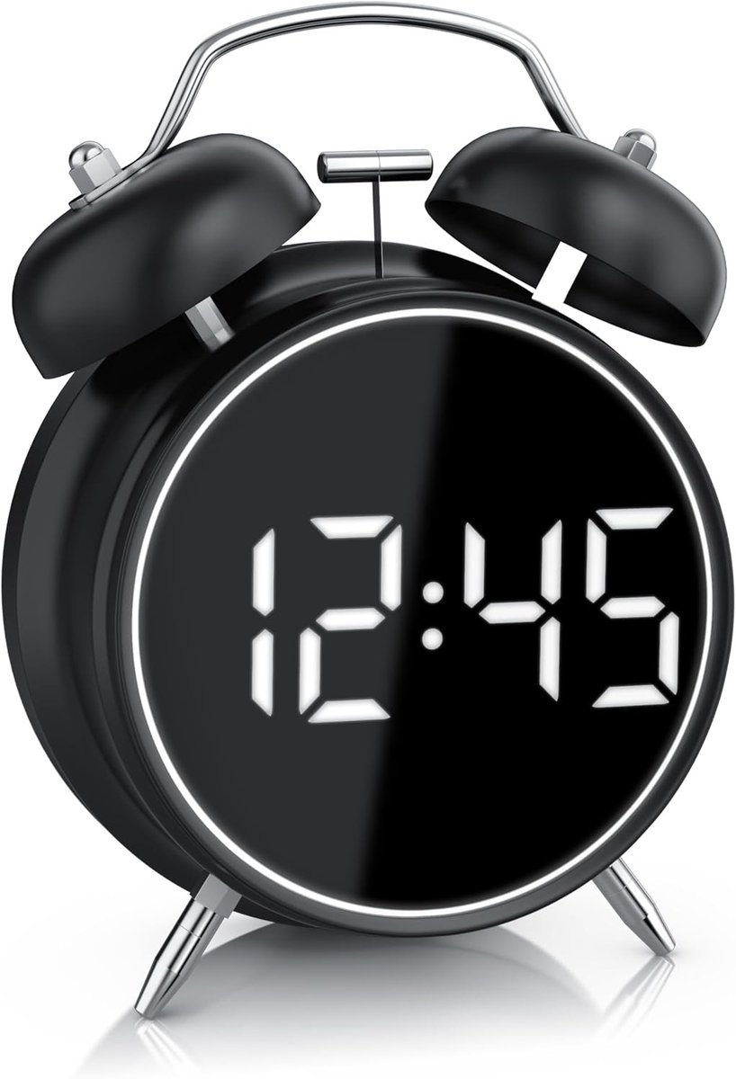 longziming -Digitale Wecker met Retro Design – Extra Luide Glockenalarm en LED Display – Akustische Bediening – Tijd en Datum Weergave – Sluimerfunctie – Batterij- of USB-Aangedreven – Stille Wecker (Zwart)
