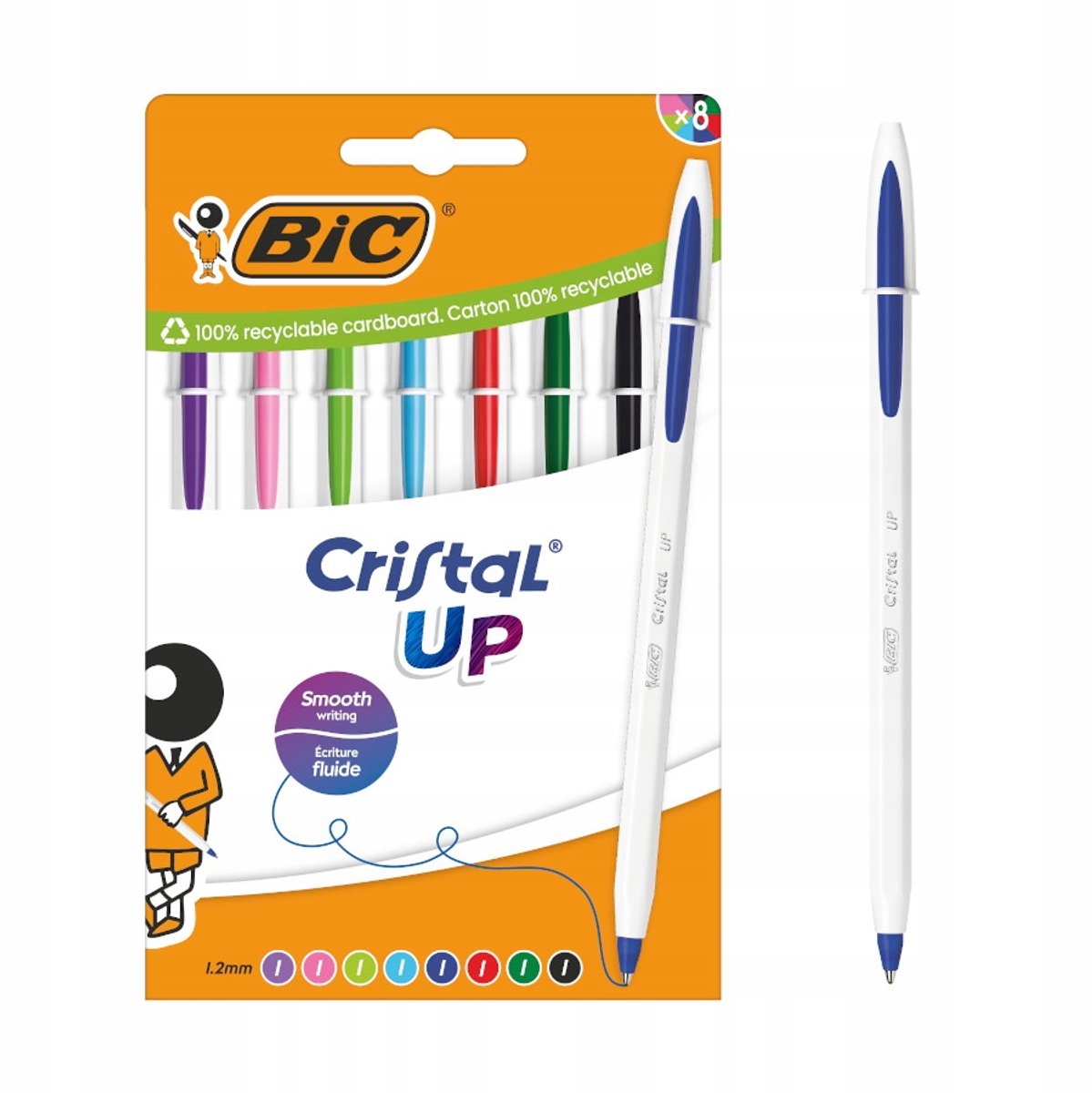 BIC Cristal Up Set - 8 Kleurrijke Ballpoint Pennen, Dikke Punt (1.2mm)