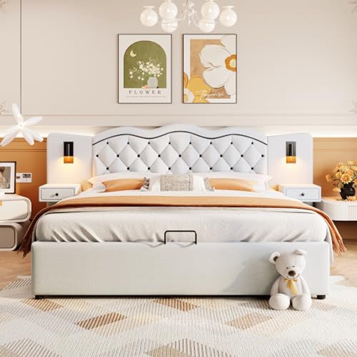 Gevoerd Plat Bed 180 x 200 cm met Hoofdeinde, Hydraulisch Hefmechanisme en USB-aansluiting - Beige
