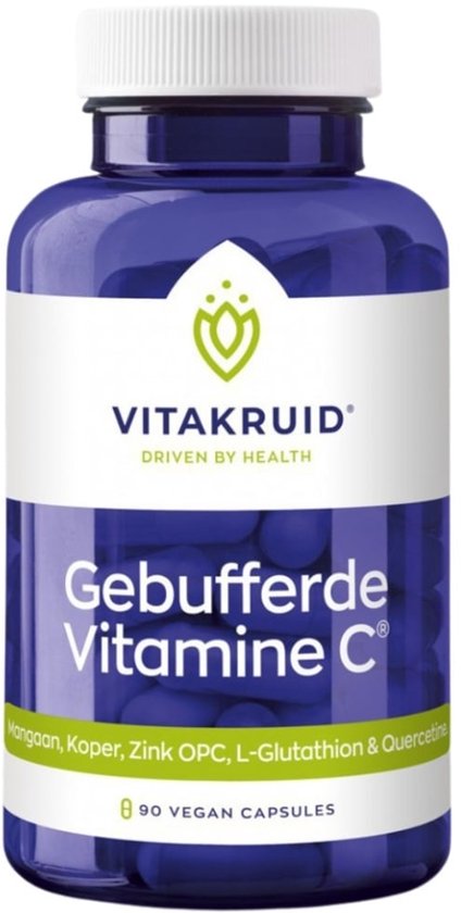 Blauwe pot met witte dop, met het merk Vitakruid, 90 veganistische capsules.