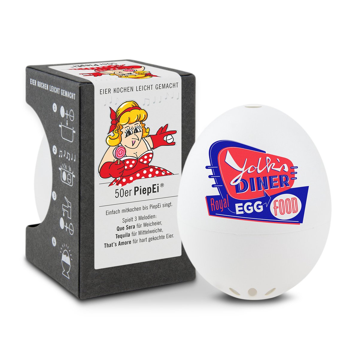 PiepEi 50s eierwekker voor het koken, meet tijd en temperatuur, speelt melodietjes als het ei klaar is, gemaakt in Duitsland