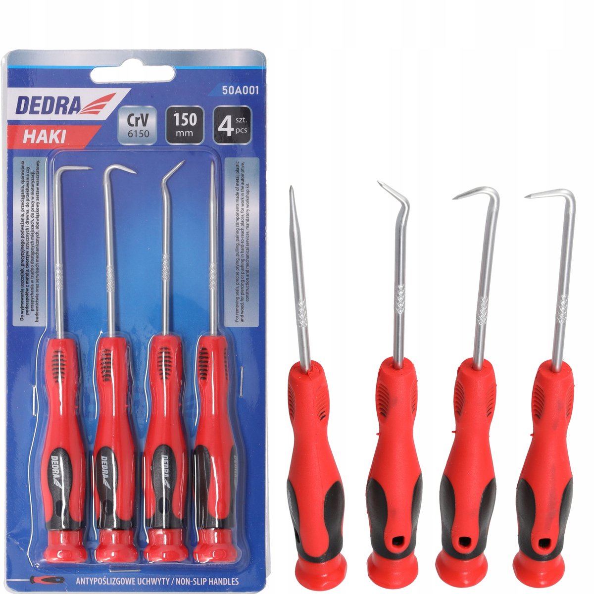 Dedra hakenset 4 stuks 150mm met handvat - Precisie Gereedschap