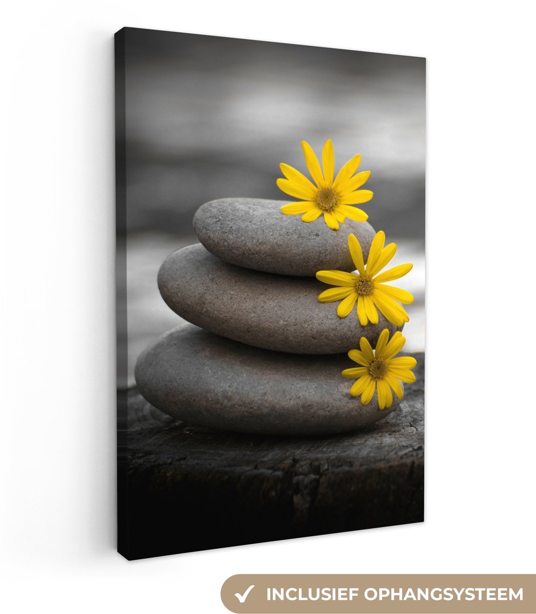 Canvas schilderij 120x180 cm - Wanddecoratie badkamer Zen stenen - Bloemen - Geel - Natuur