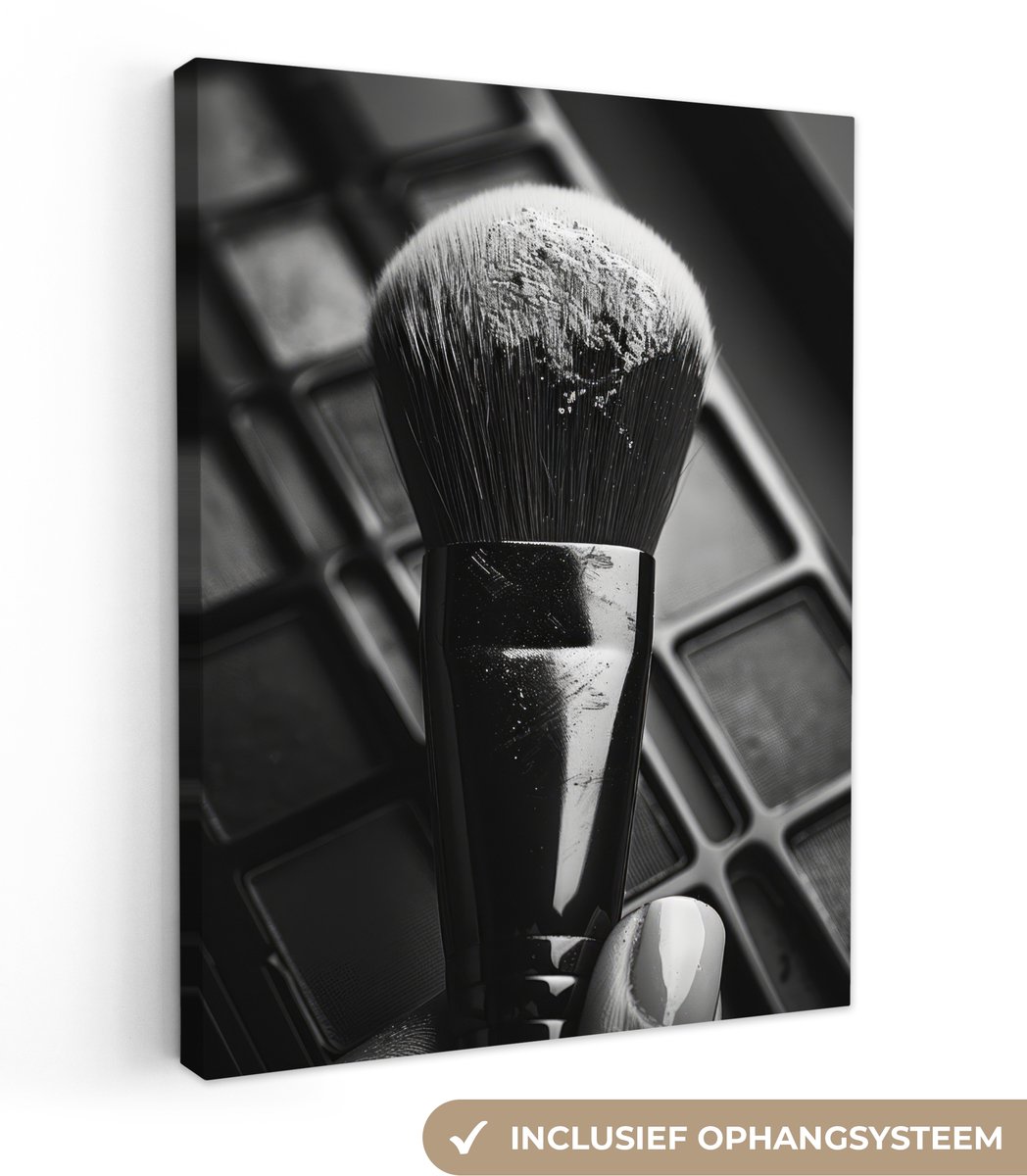 Canvas schilderij 30x40 cm - Wanddecoratie badkamer Make-up borstel - Vintage - Zwart wit