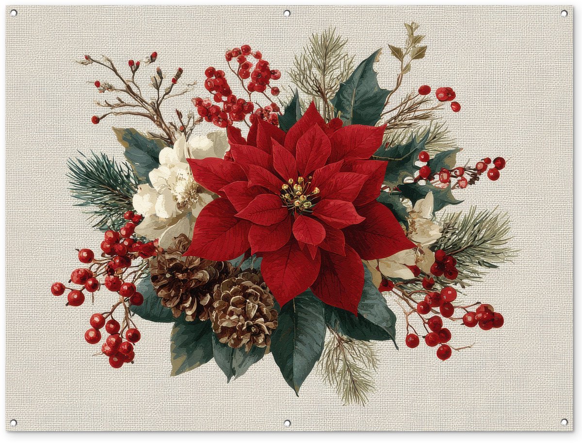 Tuinposter voor kerst met poinsettia, dennenappels en rood thema, ideaal voor tuindecoratie.