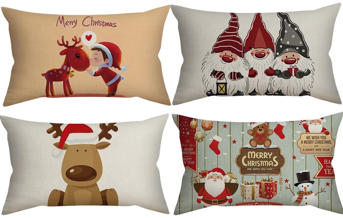 Unyqoos Set van 4 decoratieve kussenslopen met kerstmotieven voor feestelijke sfeer Kleurrijke