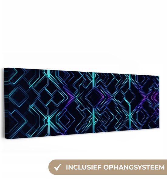 Canvas schilderij 180x60 cm - Exclusieve wanddecoratie Gaming - Ruitvormen - Abstract - Neon - Paars - Muurdecoratie game room - Gaming kamer decoratie - Gameroom accessoires - Schilderijen