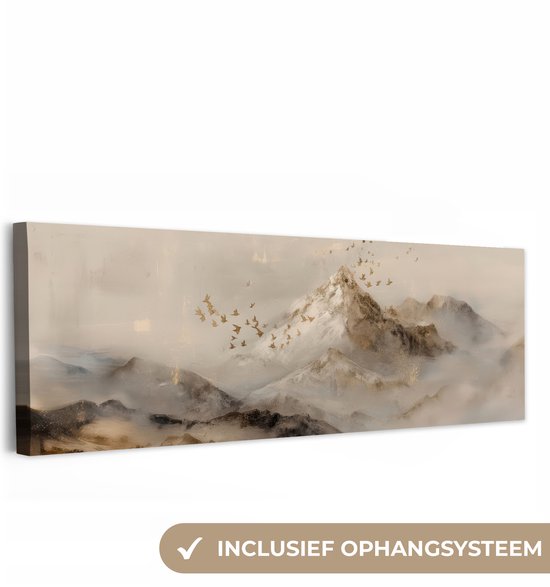 Tableau sur toile 150x50 cm - Décoration murale exclusive - Paysage de montagne - Brume - Coups de pinceau - Décoration murale salon - Décoration chambre - Accessoires de décoration - Peintures sur toile