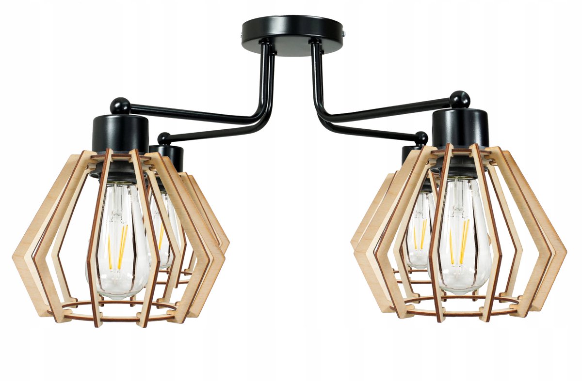 Hanglamp Loft Hout 4xE27 Zwart/Beige - Stijlvolle Decoratie
