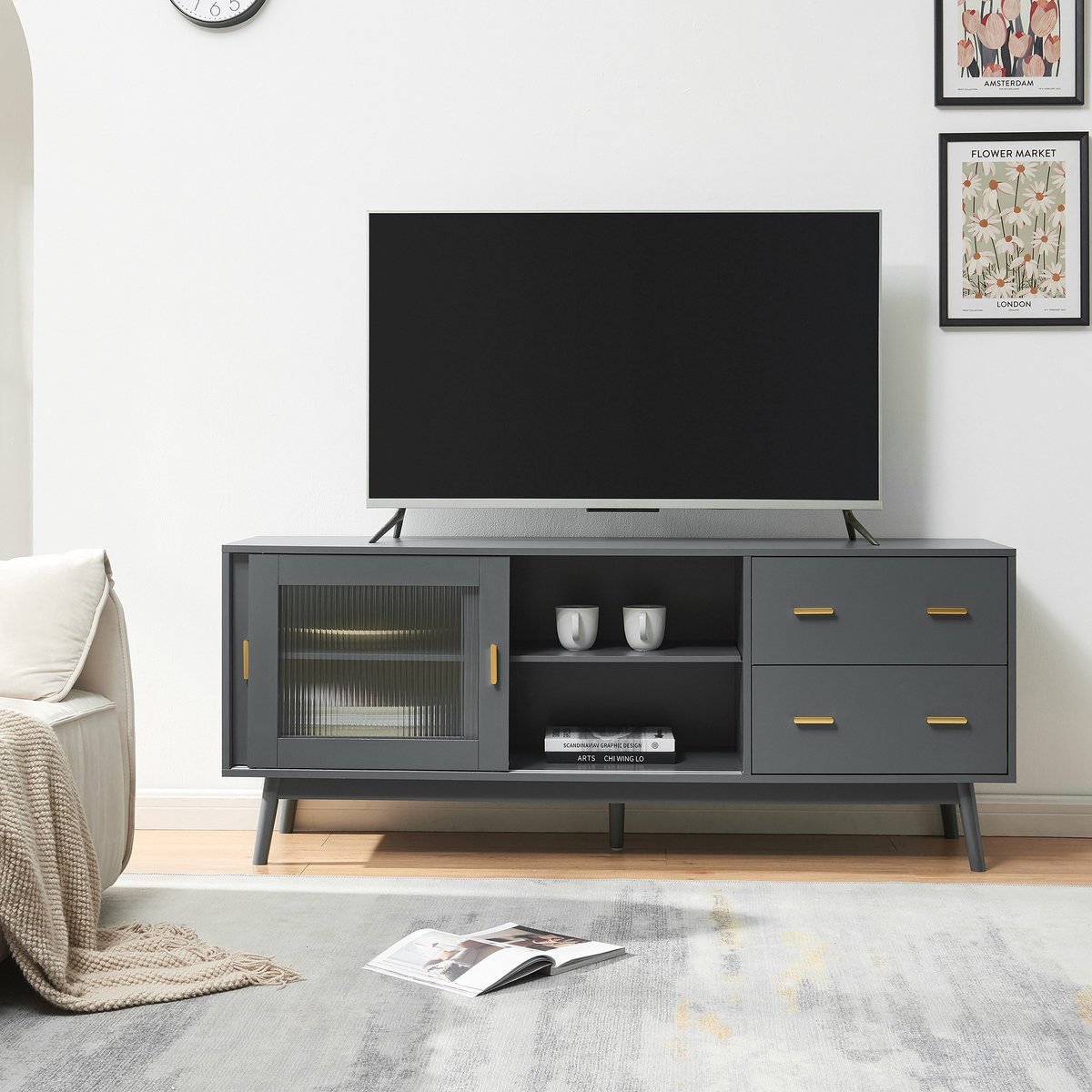 en.casa Tv-meubel Susa met lades en schuifdeuren met glas 160x40x65 cm grijs [en.casa] grijs deur met glas