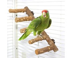 Vogelstandaard van natuurlijk hout voor parkieten, kanarie en valkparkieten met speelgoed en zitstokken.