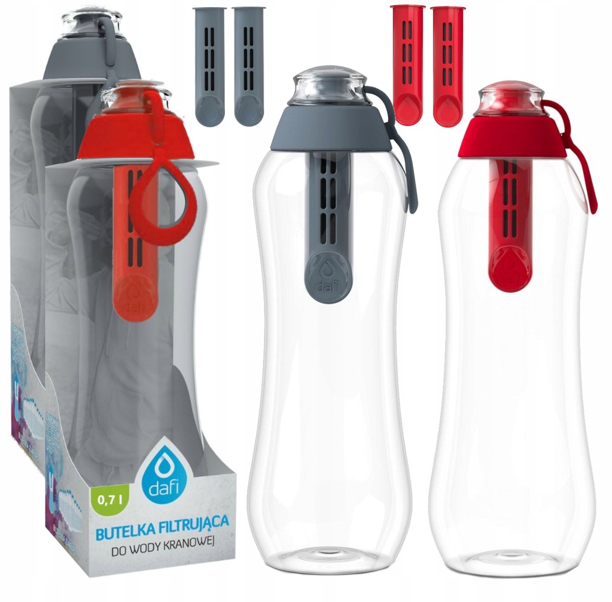 Dafi Soft 0,7l Set: Rode en Grijze Waterfilterflessen met 4 Filters