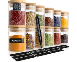 Kruidenpotjes met Stickers - 12-delige set - 125 ml - Glazen Potjes - Tafelsticker - Krijtstift - Luchtdicht - Bamboedeksel - Specerijen - Kruiden - Thee Kruidenpotjes met Stickers
