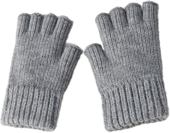 Grijze gebreide vingerloze handschoenen met een ribbelpatroon en een brede boord.
