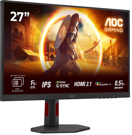 AOC 27-inch gaming monitor, zwart met rode accenten op de standaard. HDR400, 1ms GTG, 160Hz/320Hz, IPS, G-Sync, HDMI 2.1.