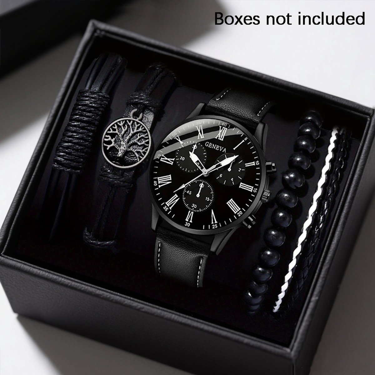 Sjika - Heren Horloge Armbanden Set - Zwart - Leren Band - Mode Accessoire Set - Trendy Klassiek - Cadeau voor Mannen