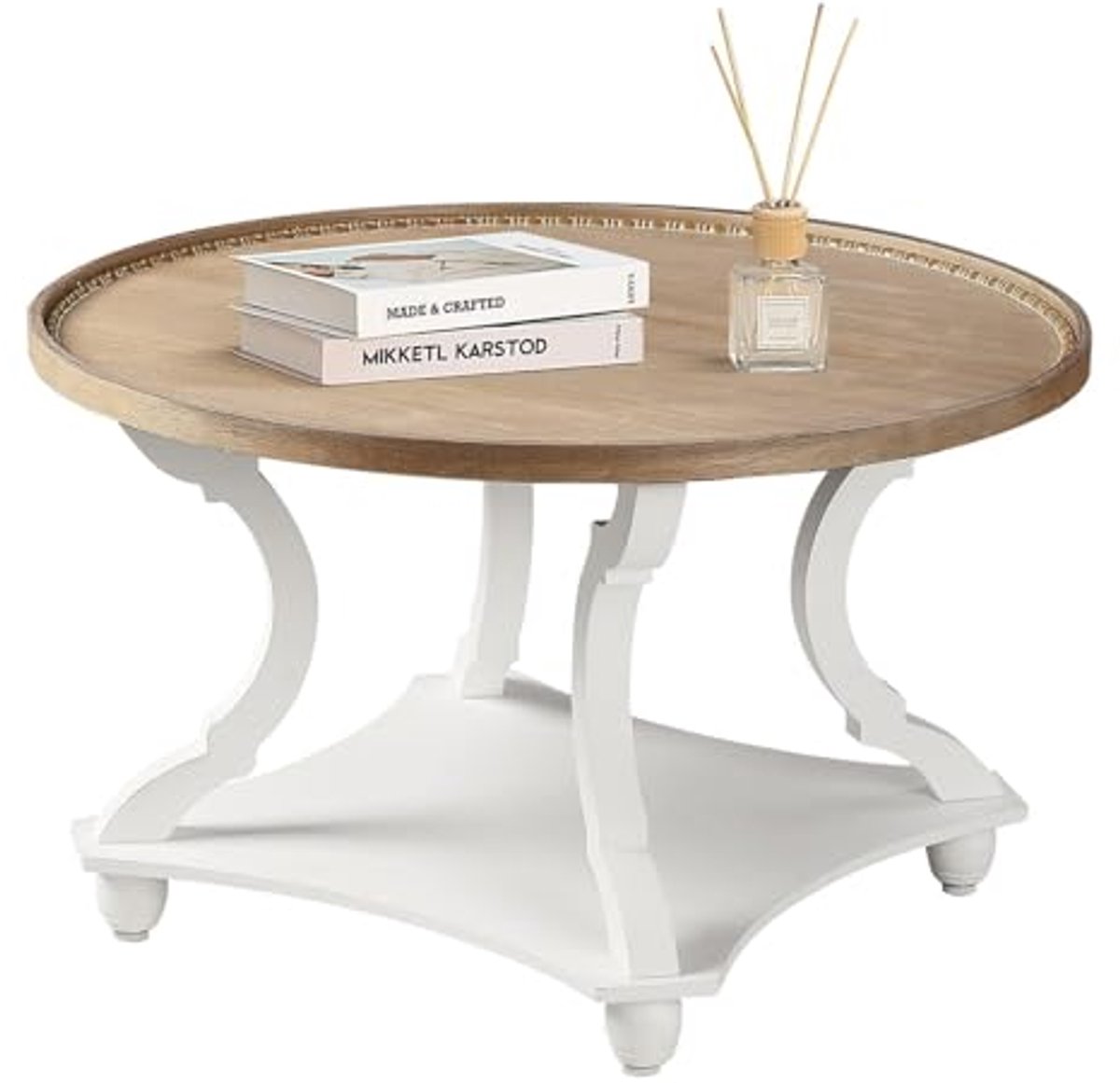 Ronde houten salontafel met lade en opbergplank in rustieke stijl voor de woonkamer
