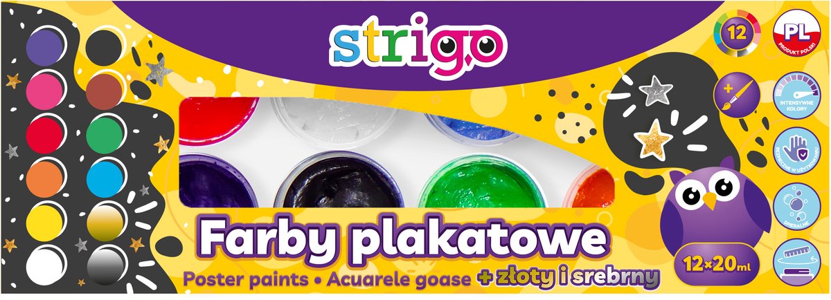 STRIGO Plakkaatverf Set - 12 Kleuren + Goud & Zilver + Kwast