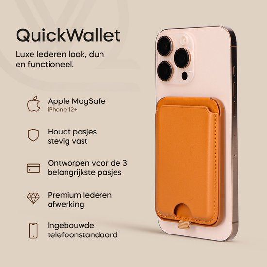 Porte-cartes QuickWallet MagSafe - Porte-cartes MagSafe - Portefeuille MagSafe - Porte-cartes magnétique - MagSafe Standard - Portefeuille MagSafe avec support - Cuir - Marron
