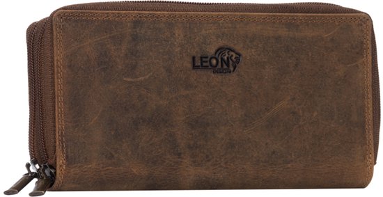 LeonDesign - Portemonnee dames - Ruimte voor 29 pasjes - Handgemaakt & Bruin leer - Portefeuille dames met dubbele rits