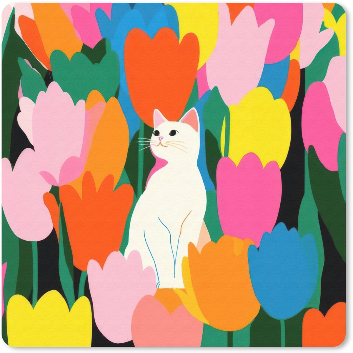 Muismat 20x20 cm - Mousepad Tulpen - Kat - Kleurrijk - Muismatten