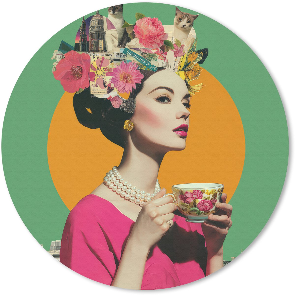 Muismat rond 20x20 cm - Mousepad Retro - Vrouw - Stad - Zon - Ronde muismatten