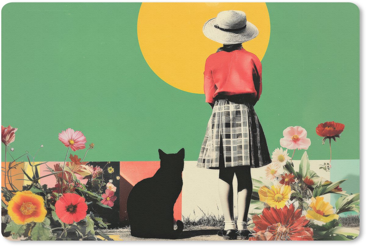 Muismat 27x18 cm - Mousepad Retro - Meisje - Kat - Zon - Muismatten